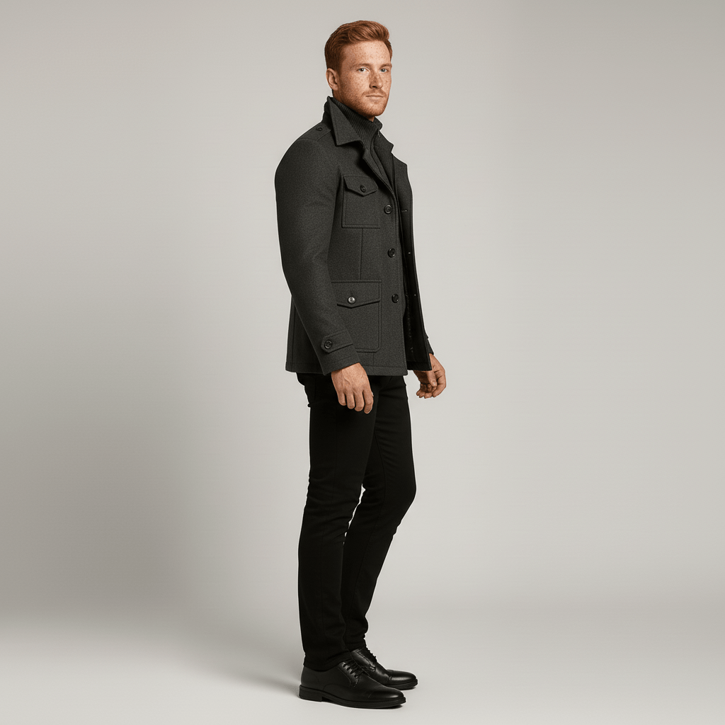 Schmal geschnittener Herrenmantel mit Stehkragen. Perfekt als warmer Wintermantel für Business- und elegante Anlässe.