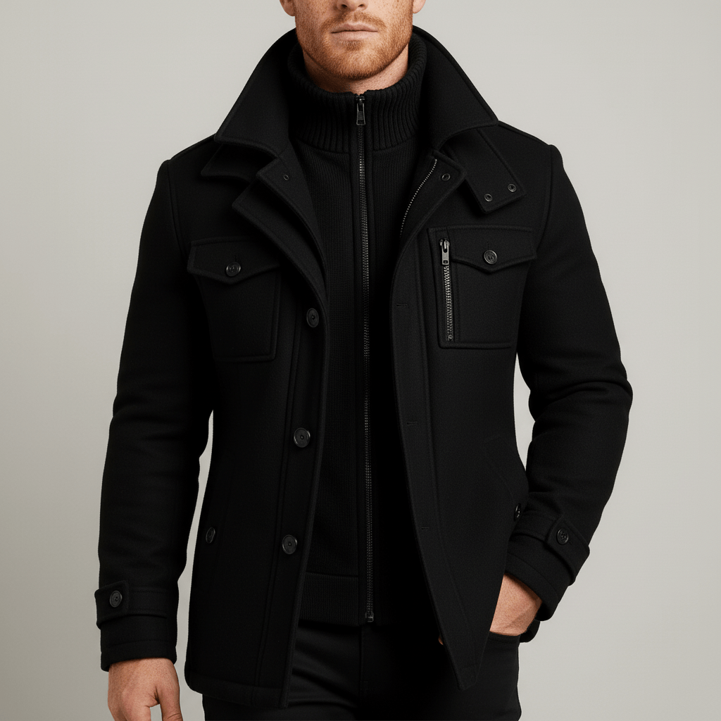 Herrenmantel schmal geschnitten, mit Stehkragen. Klassischer und warmer Business-Mantel für elegante Herren.