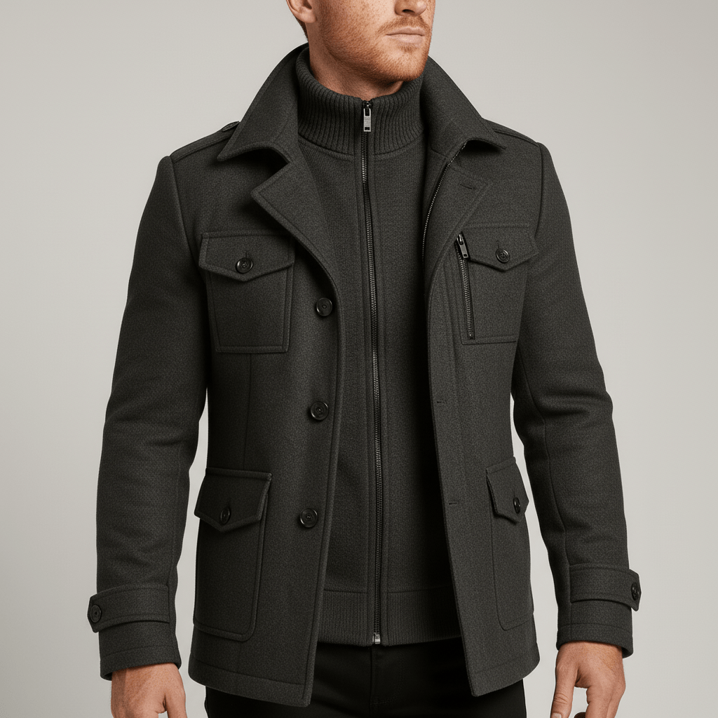 Moderner Herren Slim Fit Mantel "Ethan" mit Stehkragen. Vielseitiger Wintermantel für Business und Freizeit-Look.