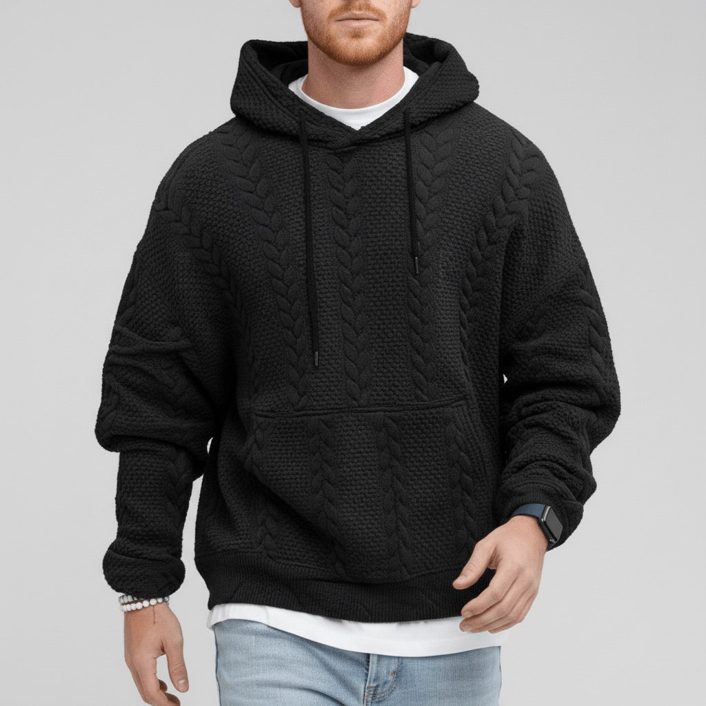 Herren Zopfmuster Kapuzenpullover Logan. Bequemer und langlebiger Strick Hoodie für jeden Tag.