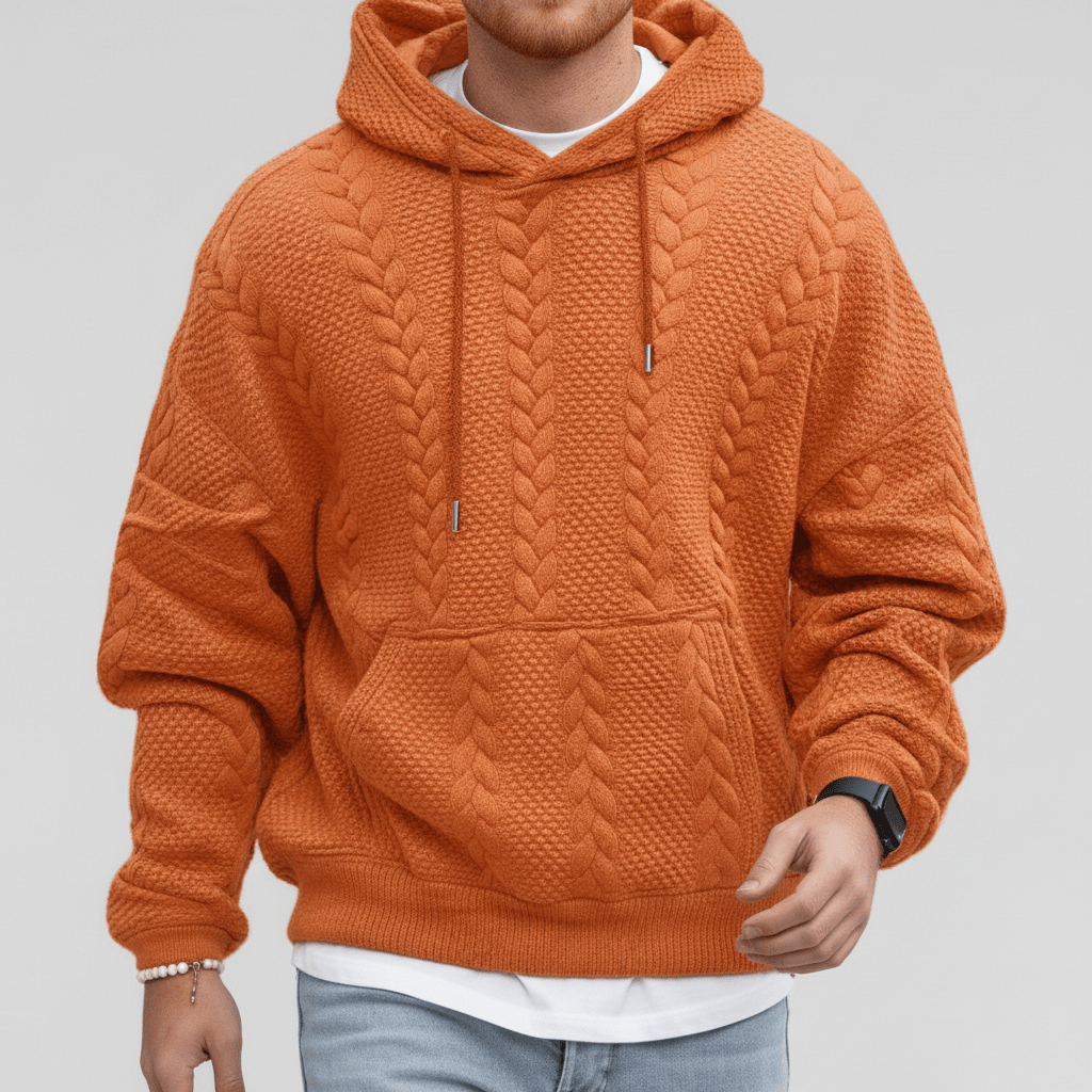 Herbst Winter Herren Zopfmuster Hoodie Logan. Lässiger Strick Kapuzenpullover mit hohem Tragekomfort.