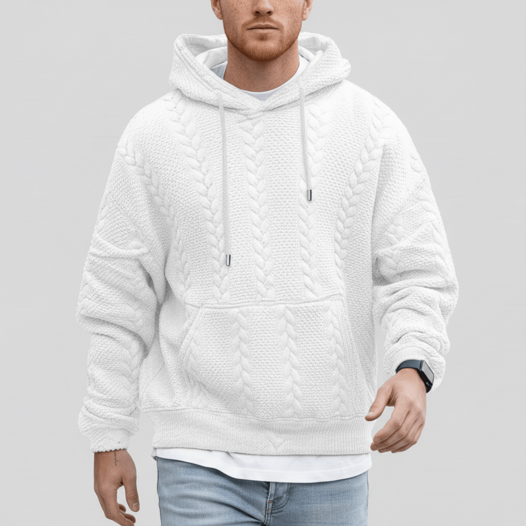 Herren Zopfmuster Kapuzenpullover Logan. Ideal als Outdoor- oder Indoor-Pullover aus weichem Strick.