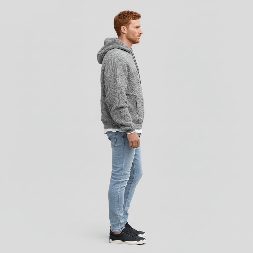 Lässiger Herren Zopfmuster Pullover mit Kapuze Logan. Komfortables Strick-Oberteil für Alltag & Winter.