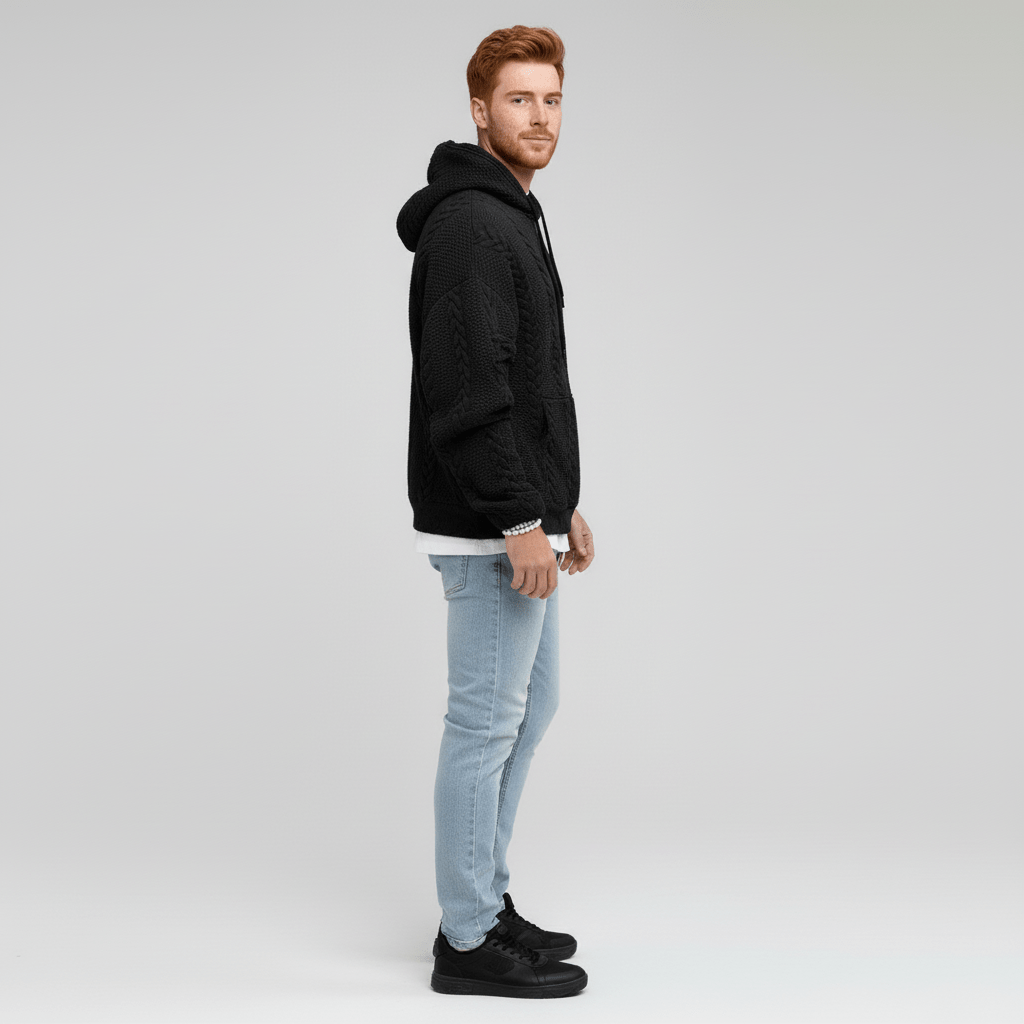 Mann trägt bequemen Logan Zopfmuster Kapuzenpullover. Stilvoller Strick Hoodie für Herbst & Winter.