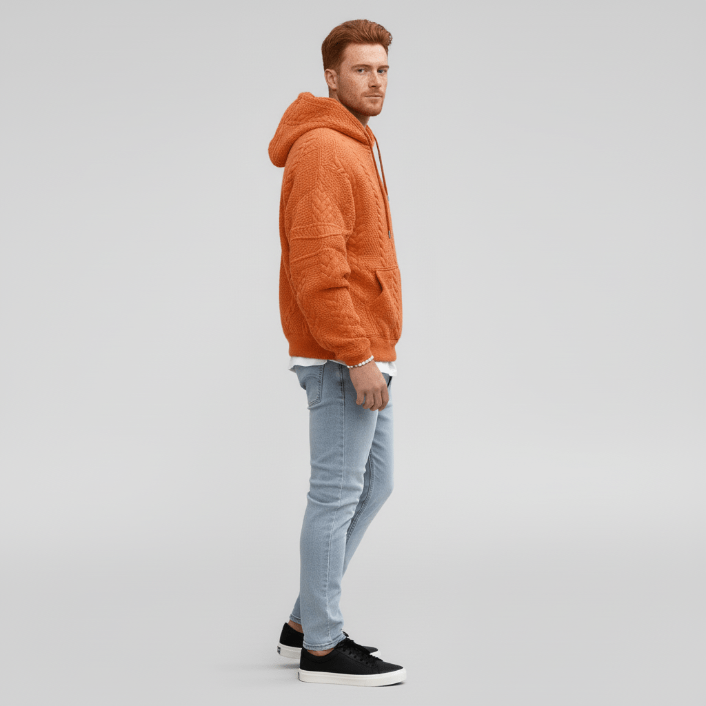 Nahaufnahme des Zopfmuster Strickmusters am Herren Kapuzenpullover Logan. Weicher, bequemer Hoodie.