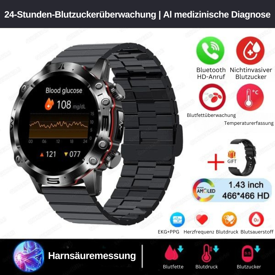 Smartwatch mit präziser Glukose- & EKG-Messung, robuste Bauweise, geeignet für jede Aktivität.