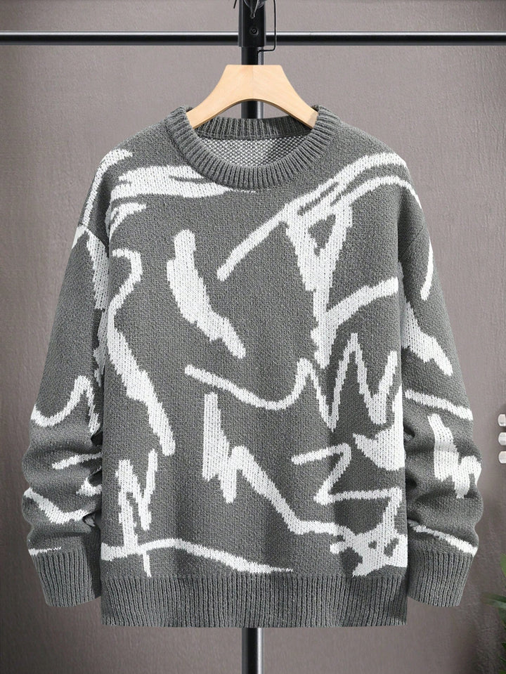 Geometrischer Herrenpullover Arvid, modischer Print, Rundhals-Ausschnitt. Herbst/Winter-Look.