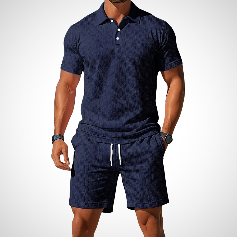Bequemes Herren Zweiteiler: Poloshirt und Shorts Set, ideal für lässige Sommer-Freizeitmode.