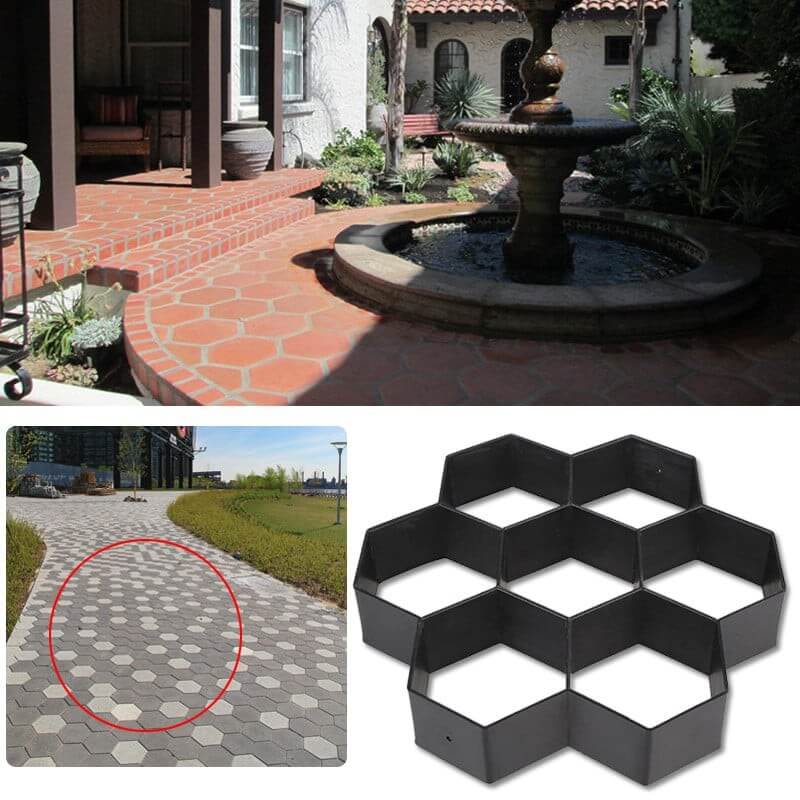DIY-Gartenweg-Schablone: sechseckige Betonform für individuelle Wege.