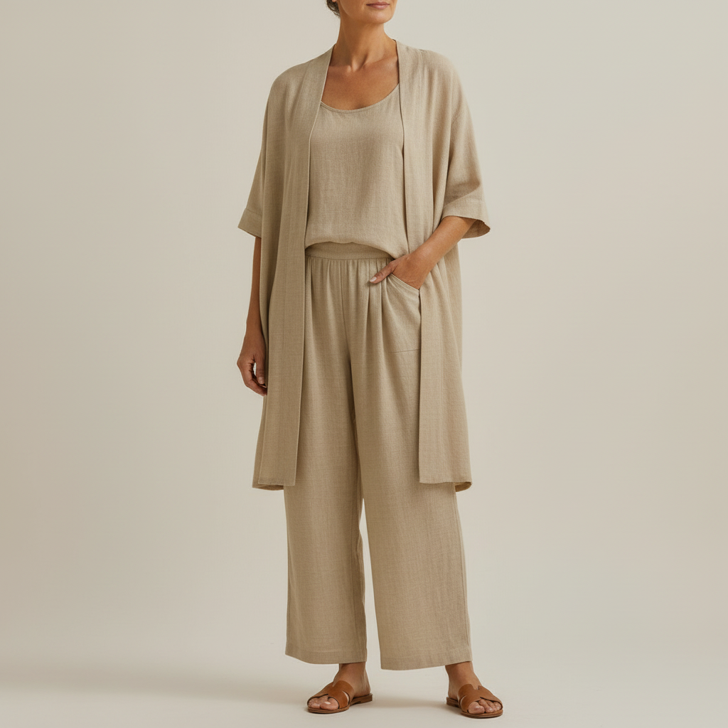 Vielseitiges Damen Sommer Set: Top, weite Hose & Überwurf. Ideal für Strand, Freizeit oder elegante Anlässe.