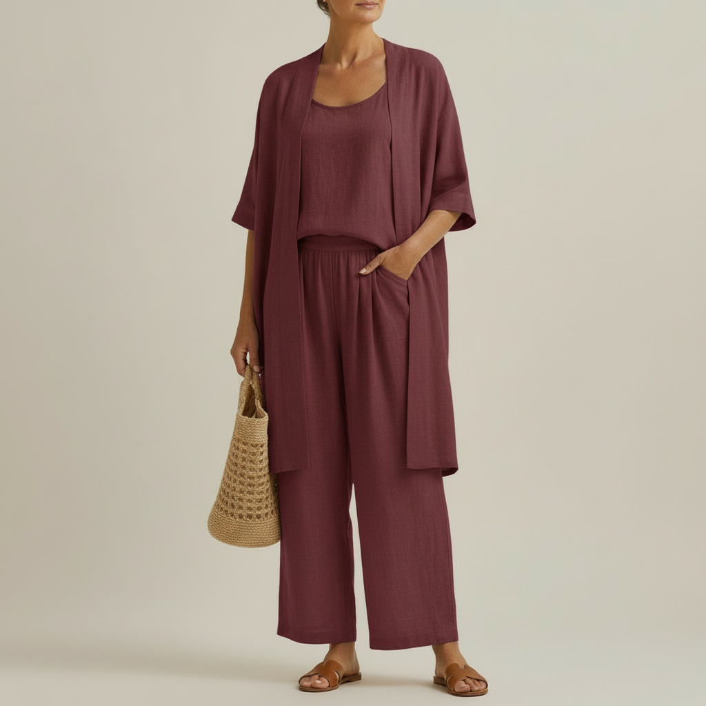 Elegantes Damen Kombiset für Sommer: ärmelloses Top, weite Freizeithose und stilvoller Überwurf.