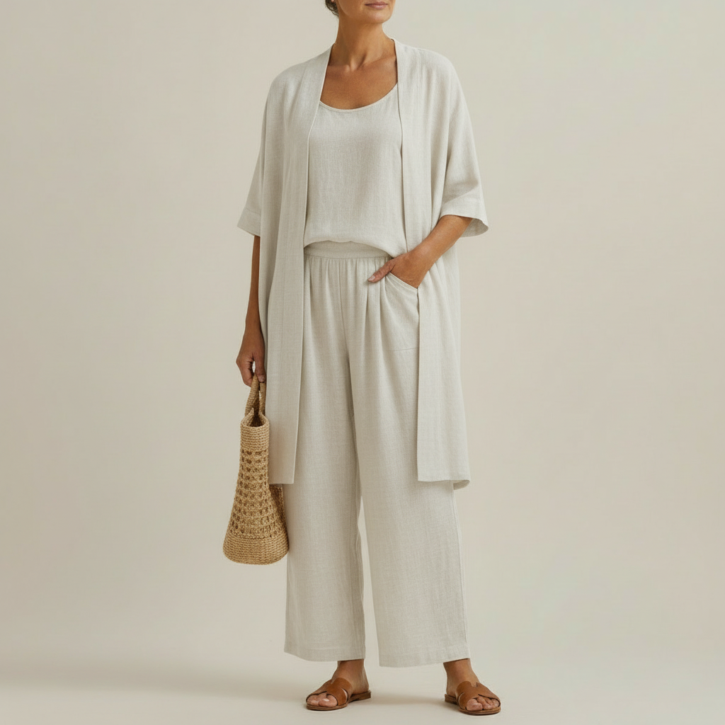 Luftiges Damen Sommer Dreiteiler Set mit Top, weiter Hose und Überwurf. Perfekt für Urlaub & warme Tage.
