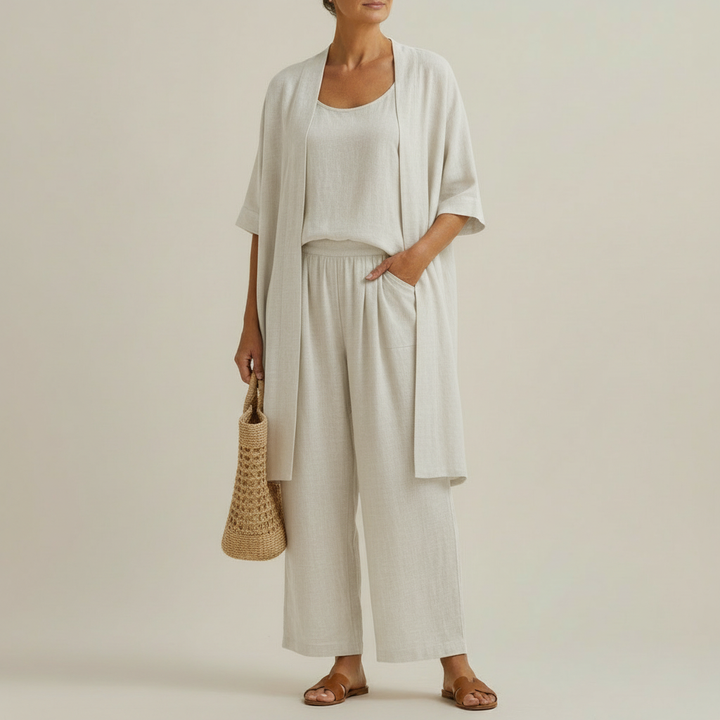 Luftiges Damen Sommer Dreiteiler Set mit Top, weiter Hose und Überwurf. Perfekt für Urlaub & warme Tage.