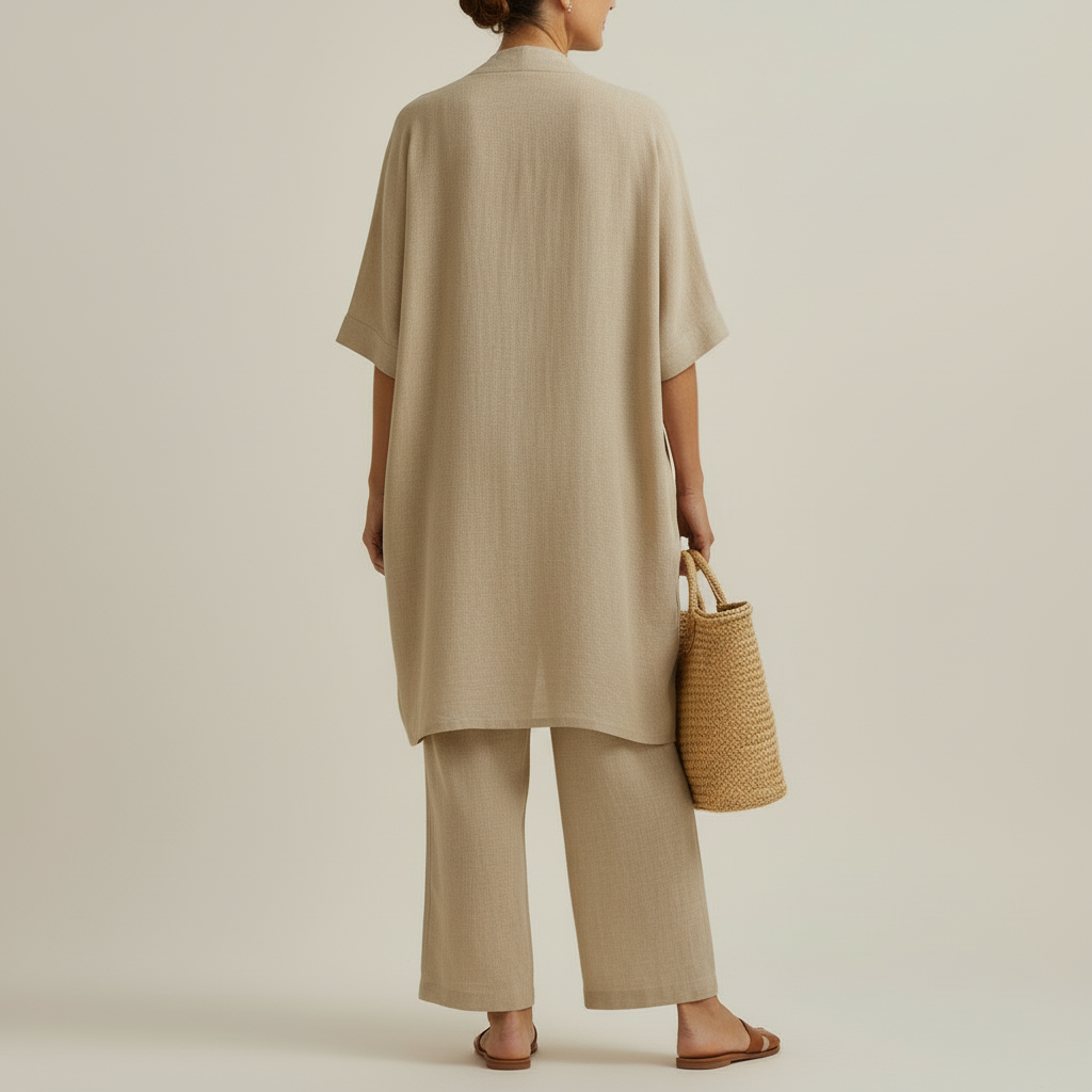 Stilvolles Damen Co-Ord Set für den Sommer mit ärmellosem Top, komfortabler weiter Hose und leichtem Überwurf.