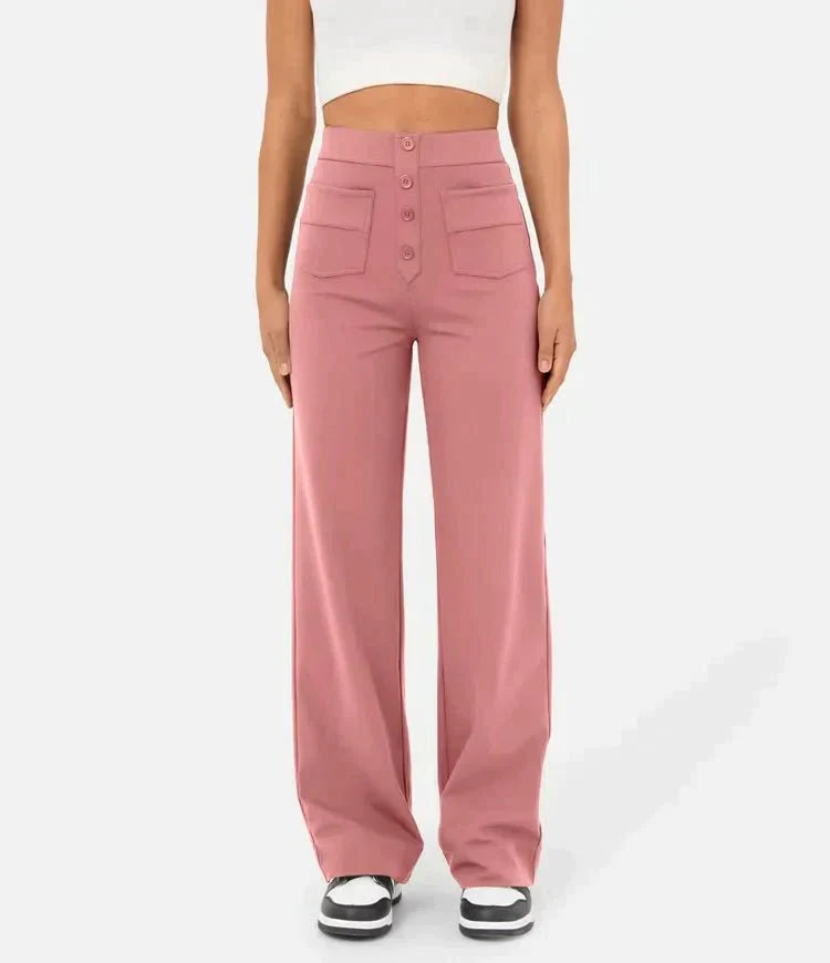 Seitenansicht der bequemen Damenhose mit High-Waist Bund & geradem Bein, moderne Passform.