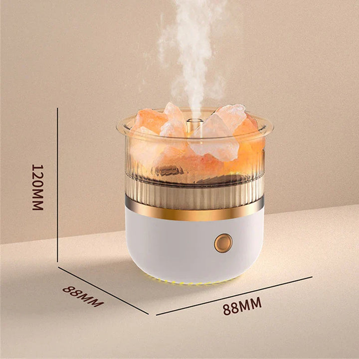 Elegante Himalaya Salzkristalllampe & Diffusor, schafft entspannte Atmosphäre im Wohnzimmer mit sanftem Licht.