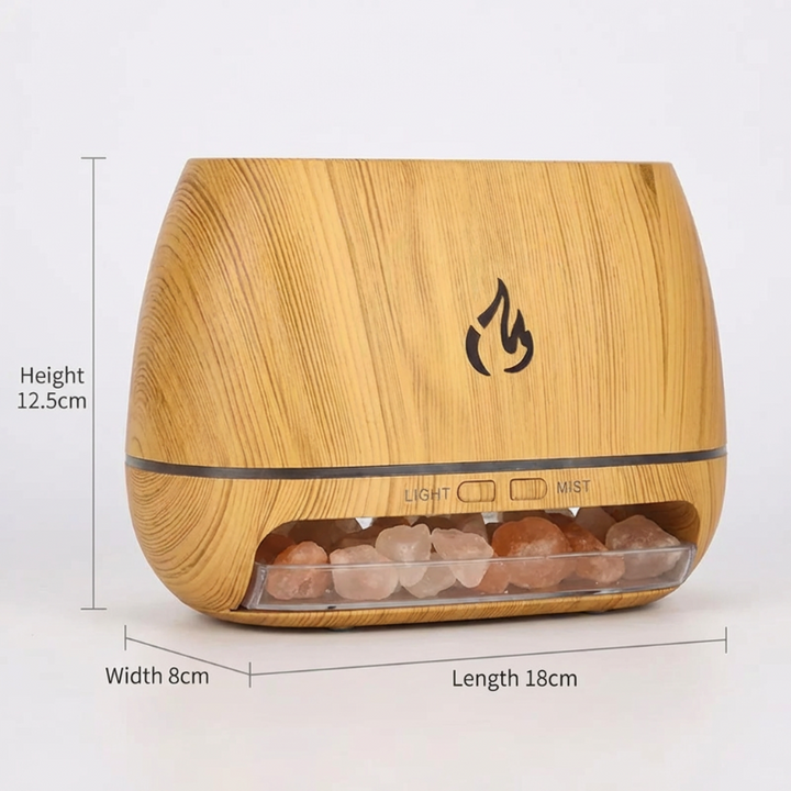 Vielseitiger Aroma Diffuser mit Flammeneffekt, Befeuchtung und optional für Himalaya Salz zur Luftreinigung.