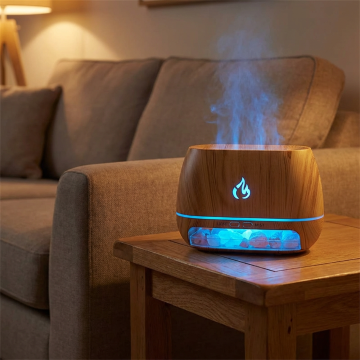 Eleganter Diffuser & Luftbefeuchter mit Flammeneffekt, perfekt für ätherische Öle und gemütliche Atmosphäre.