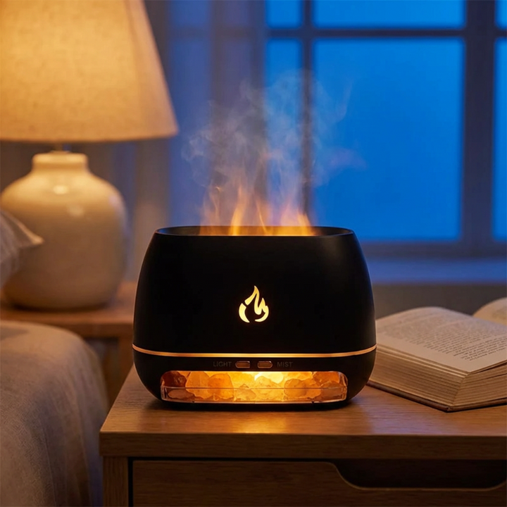 Design-Luftbefeuchter mit Flammeneffekt für entspannte Raumatmosphäre und Nutzung mit ätherischen Ölen.