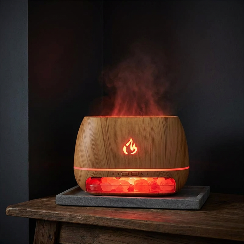 Innovativer Luftbefeuchter mit Flammeneffekt, ideal für aromatherapeutische Anwendungen und Wohnambiente.
