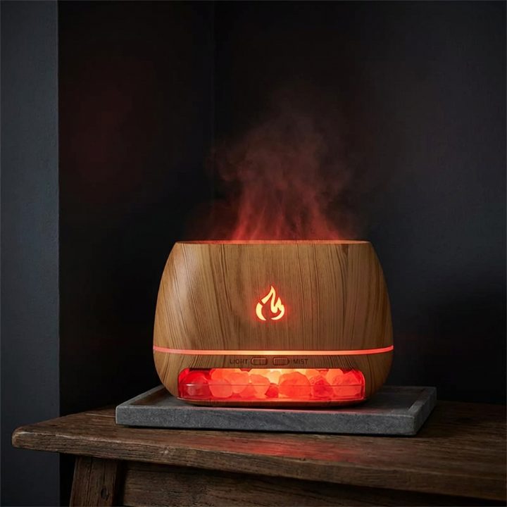 Innovativer Luftbefeuchter mit Flammeneffekt, ideal für aromatherapeutische Anwendungen und Wohnambiente.