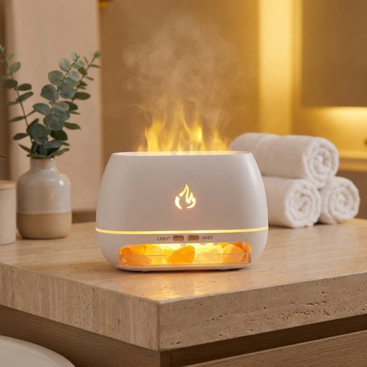 Dekorativer Aroma Diffuser für Zuhause, simuliert Flammen, fördert Entspannung und Raumbefeuchtung.