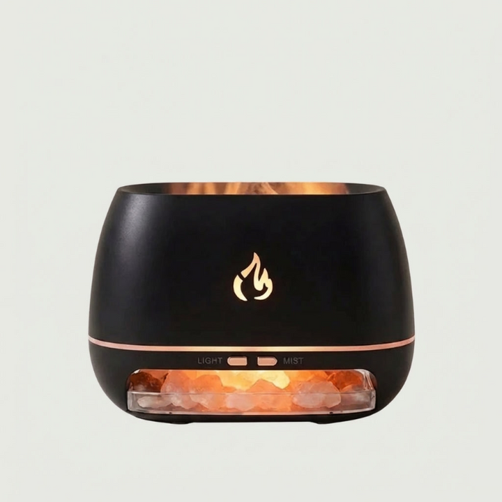 Stylischer Aroma Diffuser mit Flammeneffekt und LED-Licht, ideal für ätherische Öle und Entspannung.