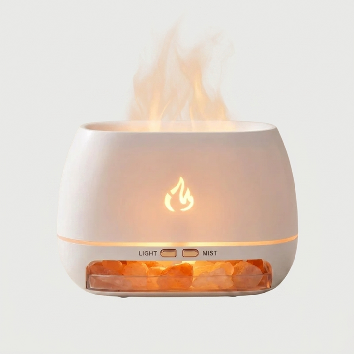 Moderner Luftbefeuchter mit Flammeneffekt für angenehmes Raumklima und Beduftung mit Aromaölen.