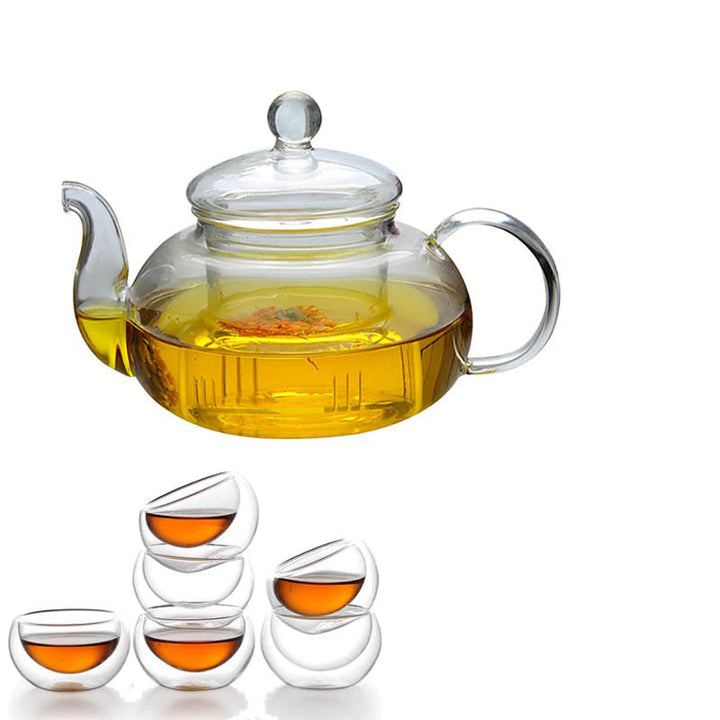 Transparente Glas Teekanne mit frischem Tee und Teesieb, präsentiert elegantes Design und praktische Funktion.