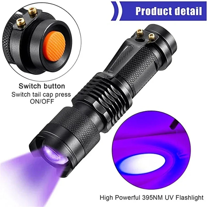 Leistungsstarke Schwarzlicht-UV-Taschenlampe erkennt unsichtbaren Haustierurin und Flecken schnell und zuverlässig.