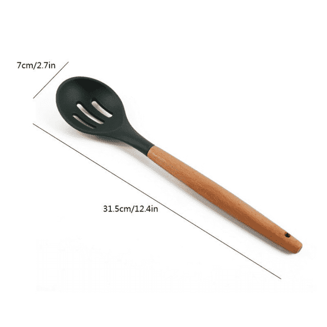 Hochwertiges 9-teiliges Silikon Küchenutensilien Set mit Holzgriffen, hitzebeständig & antihaft.
