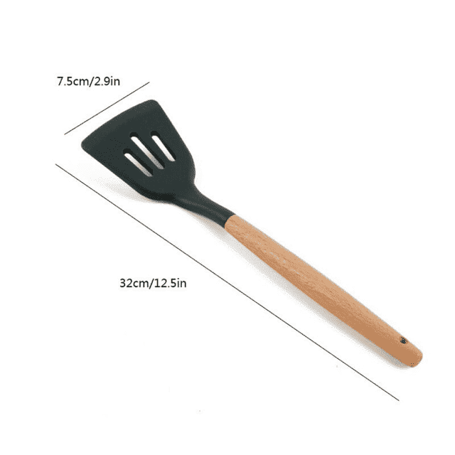Umfassendes 9-teiliges Silikon Kochbesteck Set mit stabilen Holzgriffen für Kochen & Backen, leicht zu reinigen.
