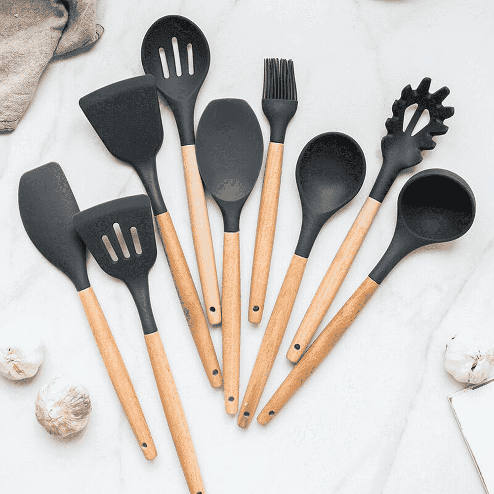Robustes 9-teiliges Silikon Küchenhelfer Set mit Naturholzgriffen für schonendes Kochen & Braten.