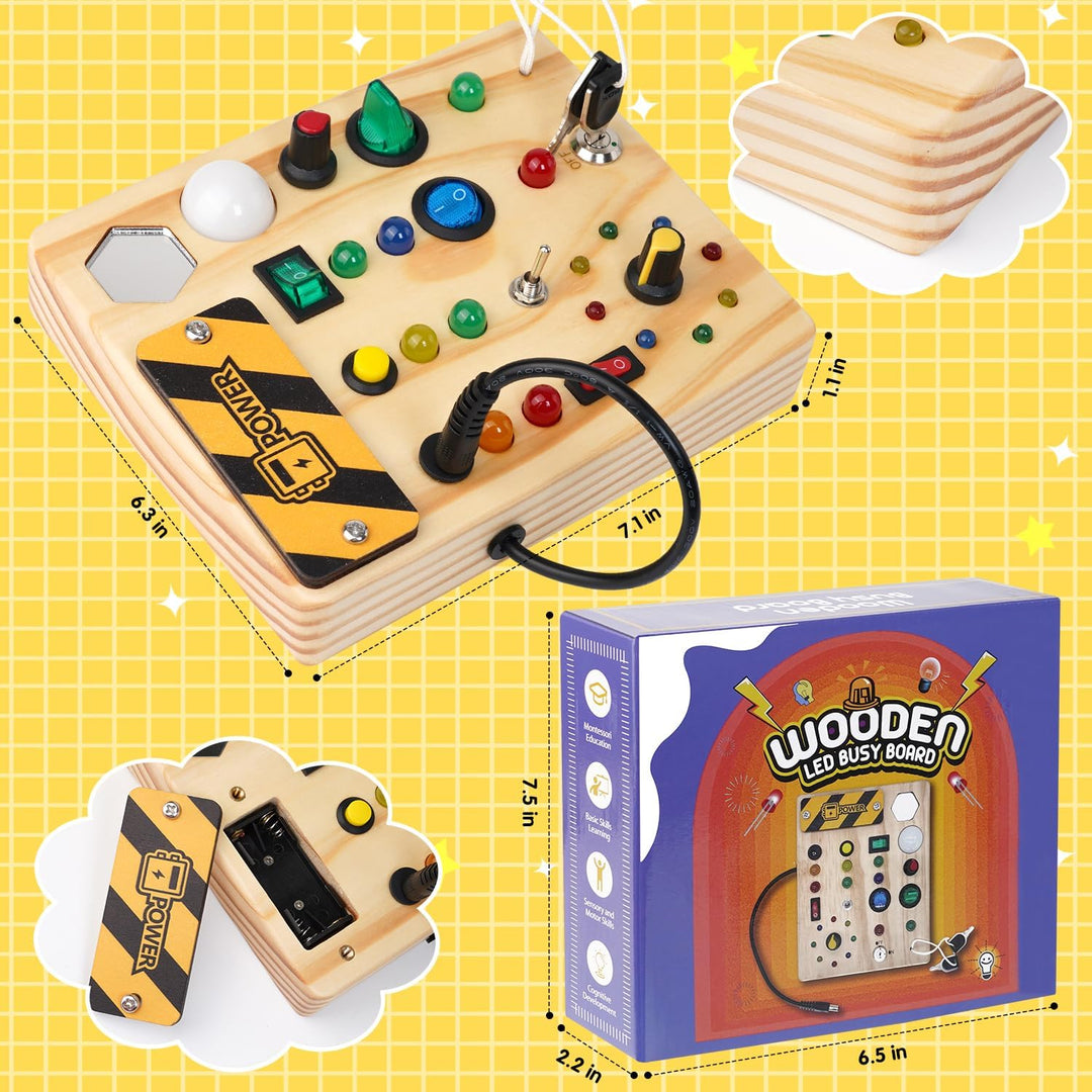 Montessori Lern-Pinnwand für Kleinkinder mit LEDs, fördert Konzentration und motorische Fähigkeiten.