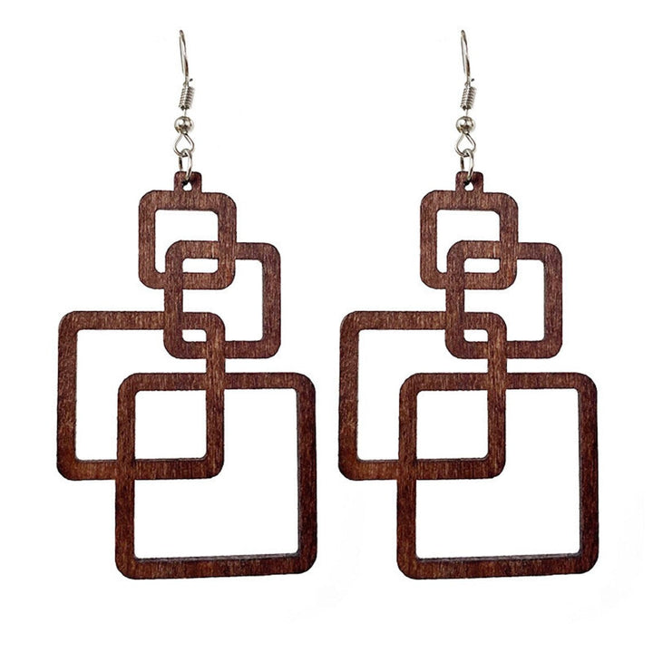 Quadratische Retro-Holzohrringe für Damen. Elegante Tropfenohrringe aus Holzschmuck für den Alltag.