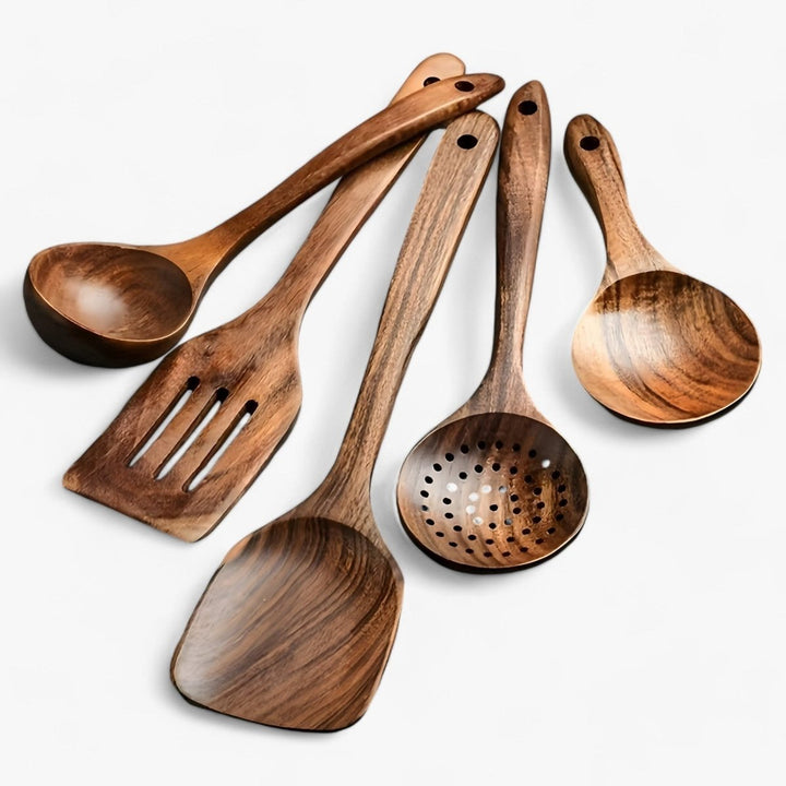 Natürliches Holz Küchenutensilien-Set, 11-teilig. Robuste, hitzebeständige Kochlöffel für jede Küche.