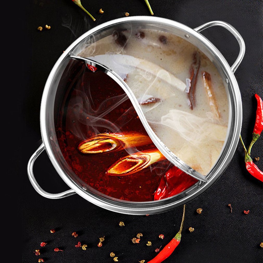 Hot Pot Zwillingspfanne aus Edelstahl, ideal für gleichzeitiges Kochen von zwei verschiedenen Suppen oder Brühen.