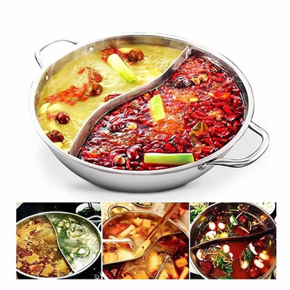 Robuste Edelstahlpfanne (geteilt) für Hot Pot, perfekt für vielseitigen Genuss in der Küche, leicht zu reinigen.