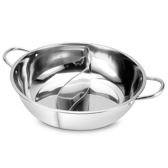 Eleganter Edelstahl Suppentopf (Hot Pot) mit Zwillingsteilung, ideal für Fondue oder verschiedene Brühen gleichzeitig.