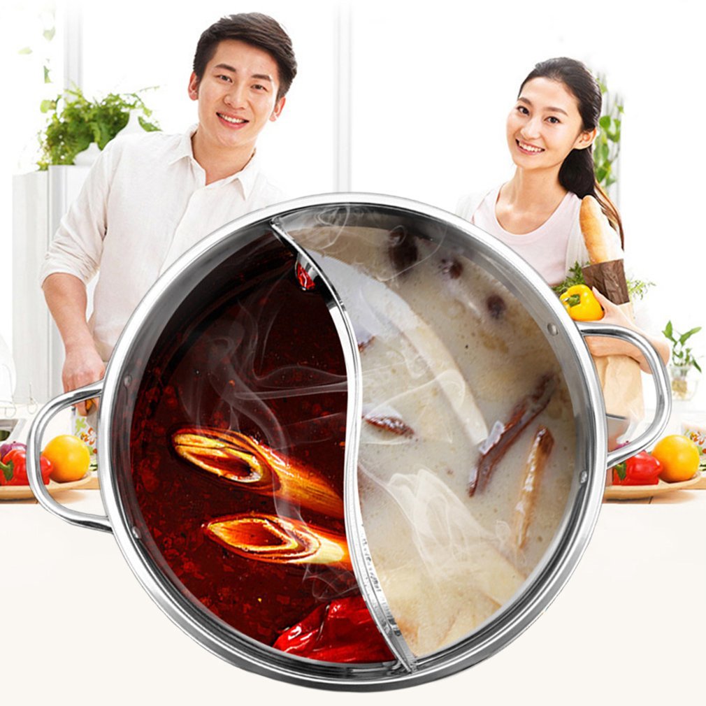 Praktische geteilte Edelstahlpfanne für Hot Pot im Haushalt, zwei Kammern für mehr Kochvielfalt und einfache Handhabung.