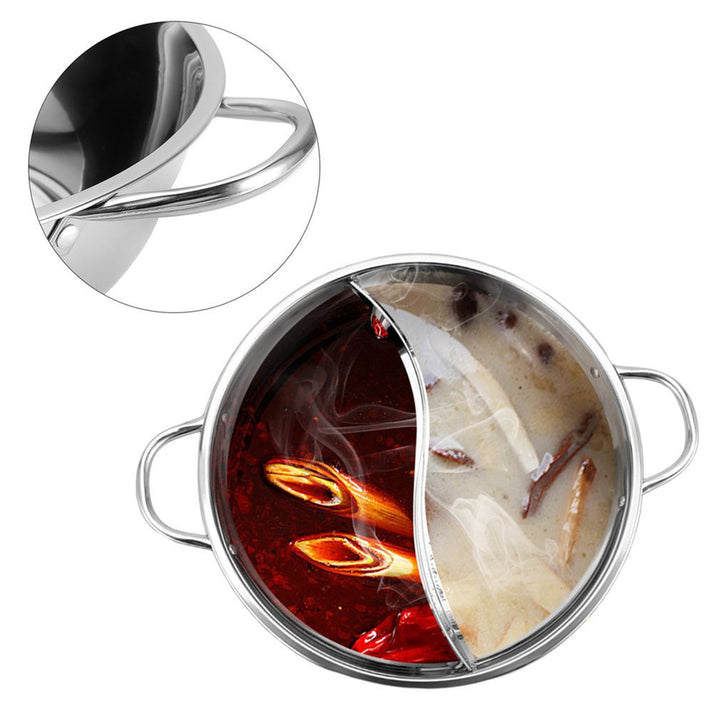 Multifunktionale Edelstahl Hot Pot Pfanne mit zwei Kammern, perfekt für Suppen, Fondue und vielseitigen Geschmacksgenuss.