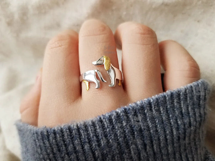Einzigartiger Damenring mit Dackelmotiv, verstellbar, aus 925 Sterlingsilber, perfekt für Hundefreunde.