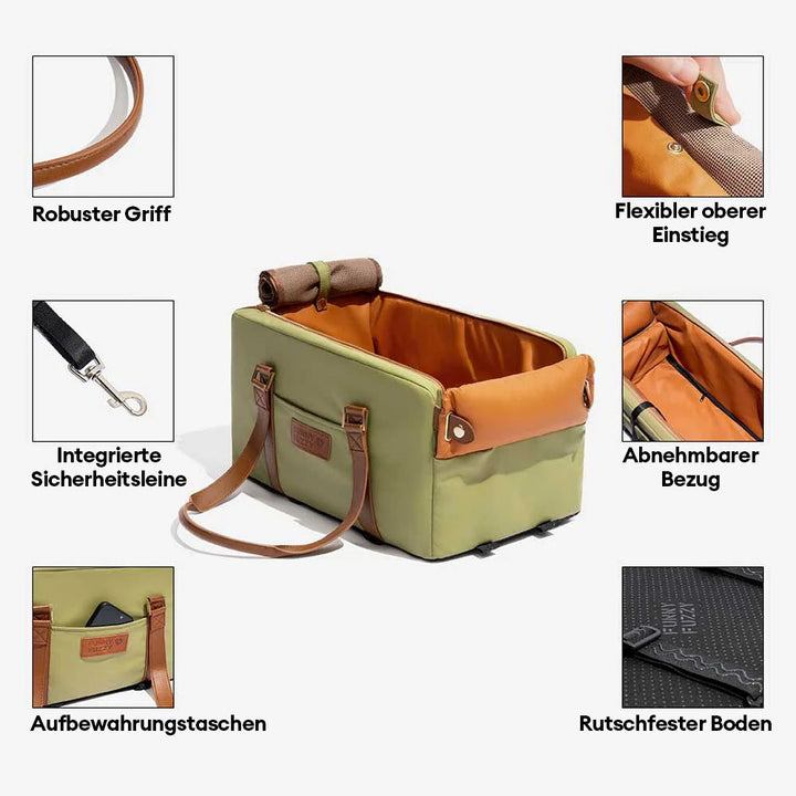 Hunde-Autositz sicher in der Mittelkonsole platziert, bereit für eine komfortable Fahrt mit Ihrem Hund.
