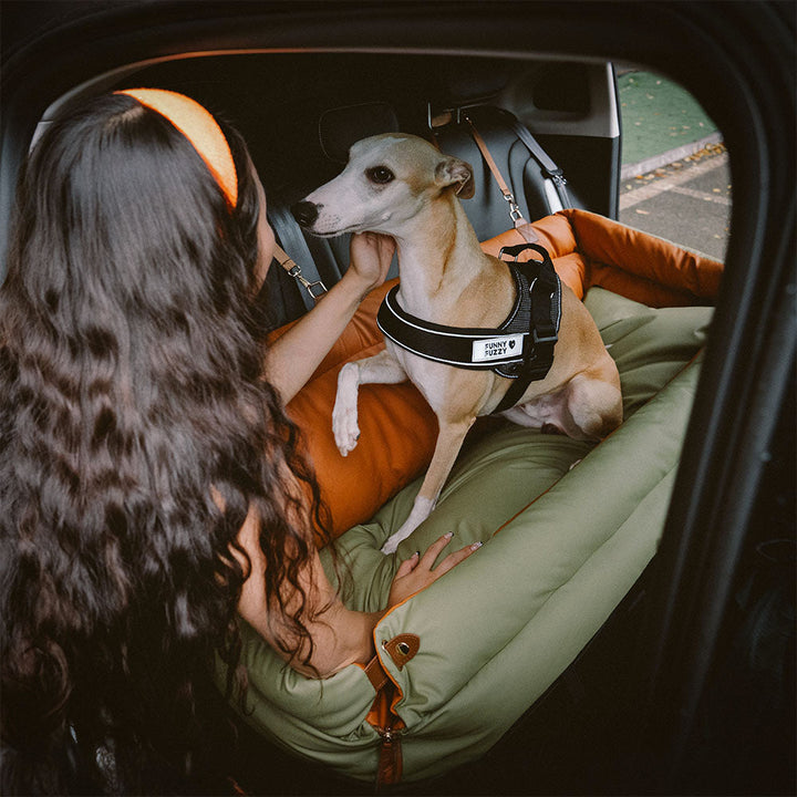 Großer Hundeautositz aus robustem Kunstleder, bietet höchsten Komfort & Sicherheit im Auto.