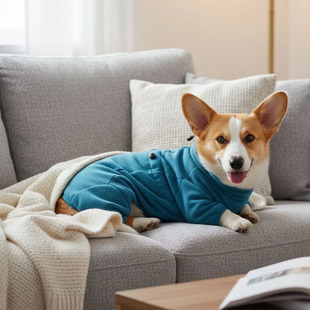 Hundemode: Gemütlicher Ganzkörperanzug für Hunde, perfekt für kalte Outdoor-Tage im Winter.