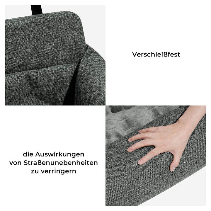 Waschbarer Hundeautositz aus Canvas. Optimales Reisebett für sicheren Hundetransport auf der Rückbank.