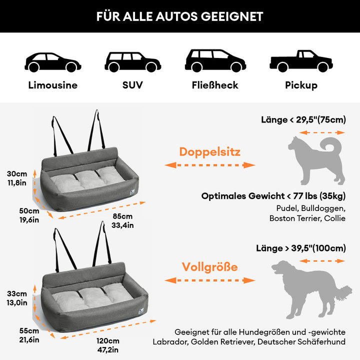 Großer/mittelgroßer Hundeautositz. Sicheres & komfortables Reisebett für die Rückbank. Perfektes Auto Zubehör.
