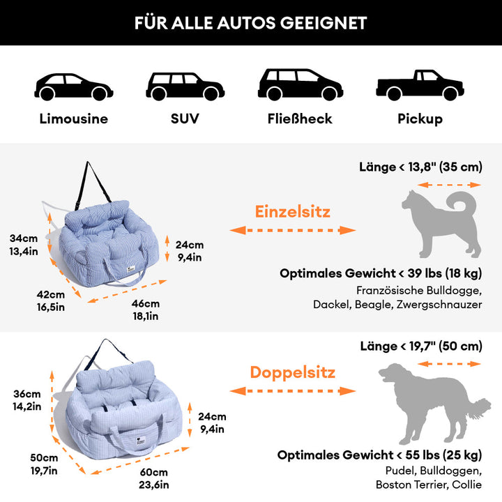 Weiches Reisebett für Hunde, das als Autositz dient, für maximalen Komfort auf Reisen.