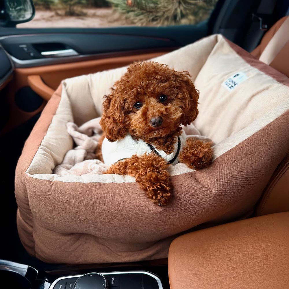 Gemütliches Hundeautositzbett mit Sicherheitsgurten für entspannte Autofahrten auf dem Vordersitz.
