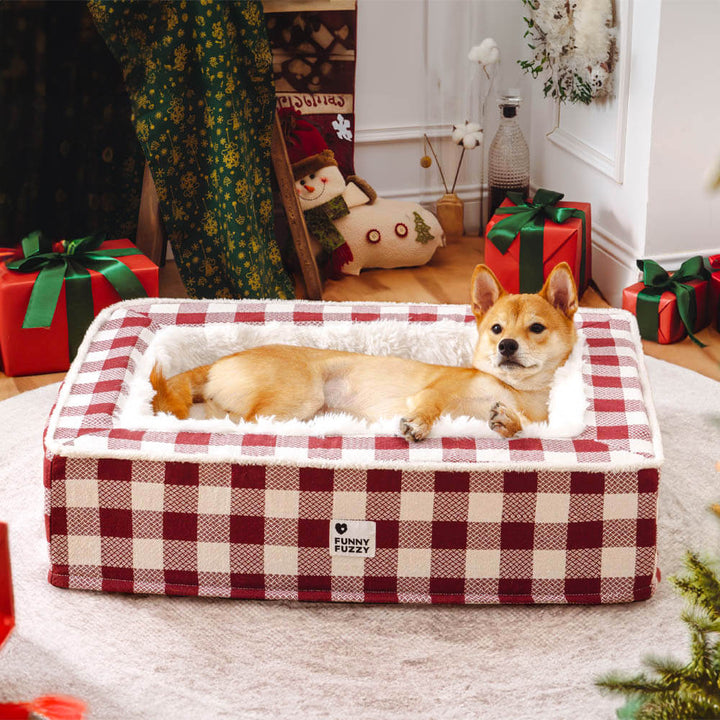 Hundebett Schottenmuster rot/blau, ergonomisch, weich. Perfekt für großen Hund.